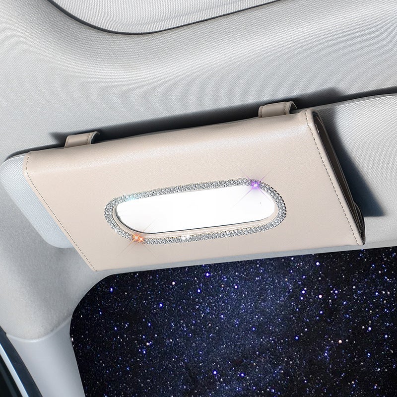 Generic Cross-border new rhinestone vehicle-mounted full-drill sun visor tissue box diamond-encrusted with drill pull-out paper box car Tissue Bag Beige 