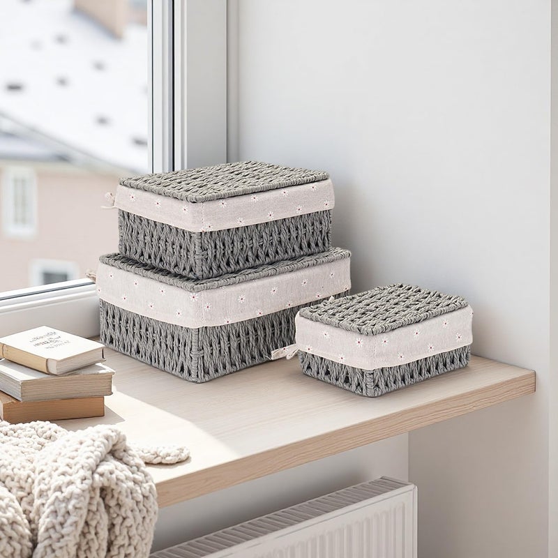 GIB cleaningtool GIB Small Wicker Storage Baskets with Lids and Liner, Rectangular Paper Rope Woven Baskets for Organizing, Decorative Boxes Boho Decor for Shelves Table Desktop Makeup Organizer, Set of 3, Grey - Image 2