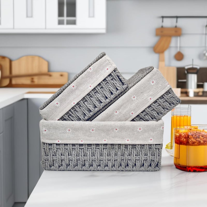 GIB cleaningtool GIB Small Wicker Storage Baskets with Lids and Liner, Rectangular Paper Rope Woven Baskets for Organizing, Decorative Boxes Boho Decor for Shelves Table Desktop Makeup Organizer, Set of 3, Grey - Image 4
