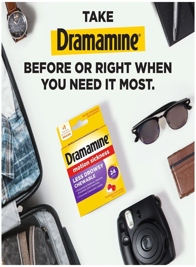 Dramamine Chewable Less Drowsy, Motion Sickness Relief, Raspberry Cream Flavor, 12 Count, 2 Pack - Image 3