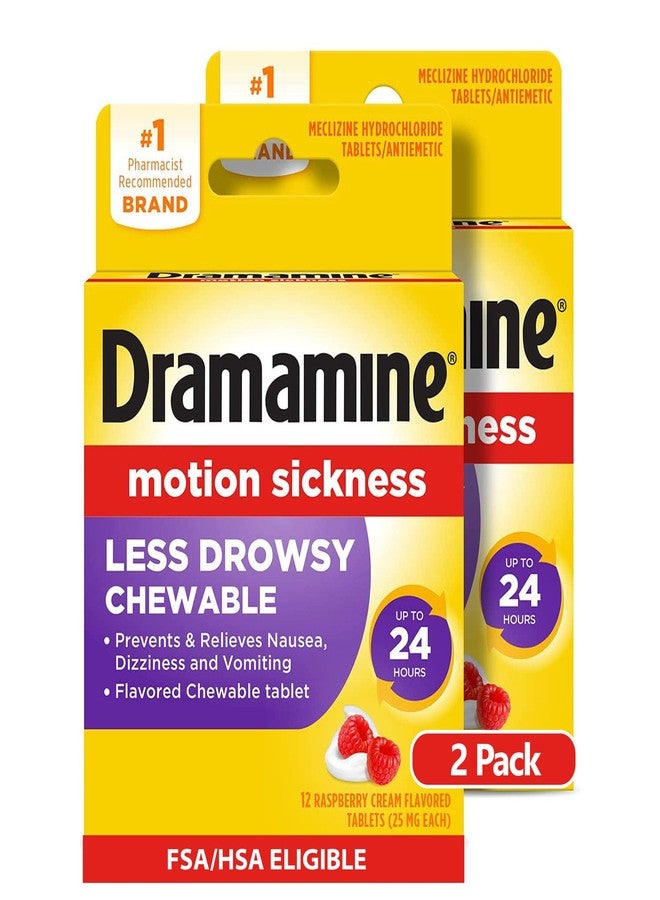 Dramamine Chewable Less Drowsy, Motion Sickness Relief, Raspberry Cream Flavor, 12 Count, 2 Pack - Image 1