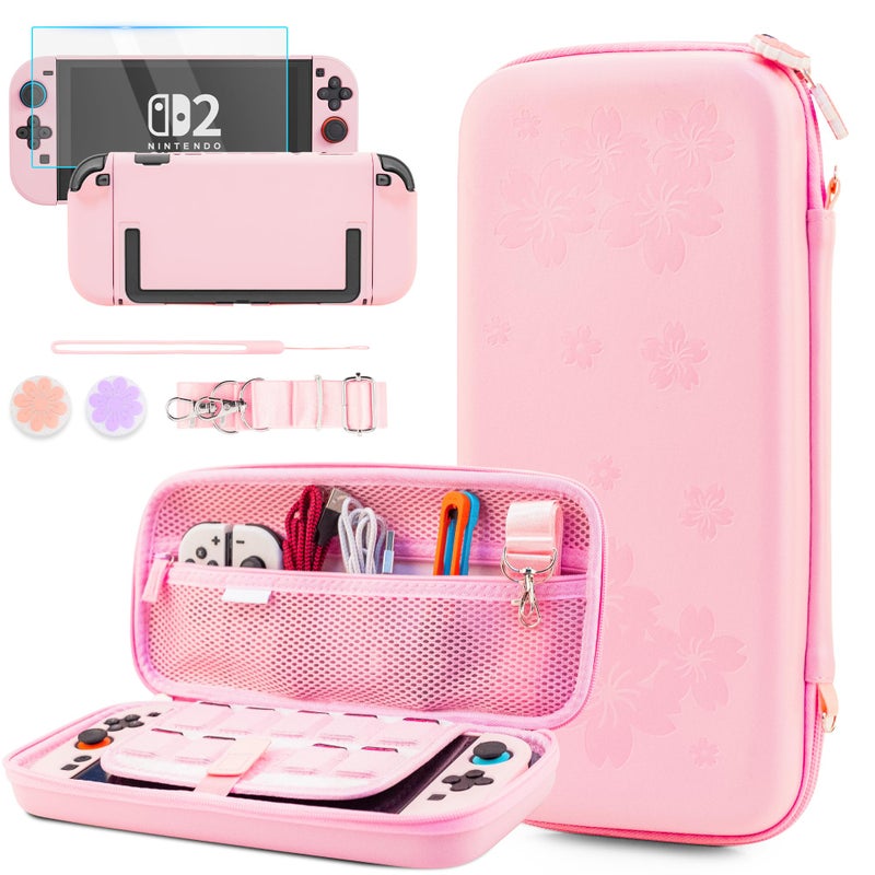 GLDRAM Pink Cherry Blossom Carrying Case for Nintendo Switch 2 Cute Girly Accessories with Sakura Travel Storage Bag Hardshell Protective Cover Screen Protector Shoulder Wrist Strap Thumb Caps - Image 2
