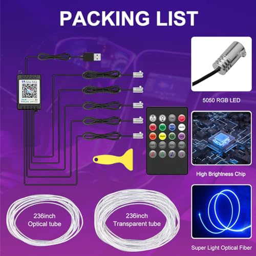 TEKSHINNY Car LED Interior Strip Lights, TEKSHINNY RGB Car Interior LED Light Wireless APP and Remote Control, 5 in 1 Ambient Lighting Kit with 236 Inches Fiber Optic, EL Wire Lights for Car Inside - Image 4