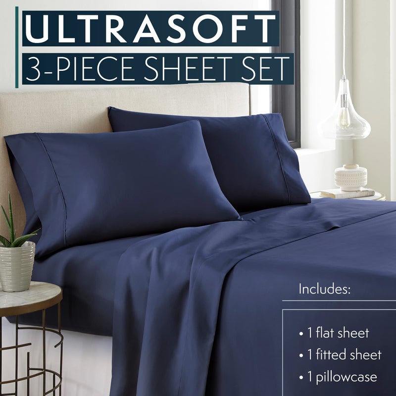 HC COLLECTION Twin Sheet Set w/ 1 Pillowcase, Hotel Luxury Platinum 1800 Series Brushed Microfiber Bed Sheets, Ultra Soft Lightweight Breathable Cooling 3 Pcs Bedding, All Season Easy Care, Navy - Image 2