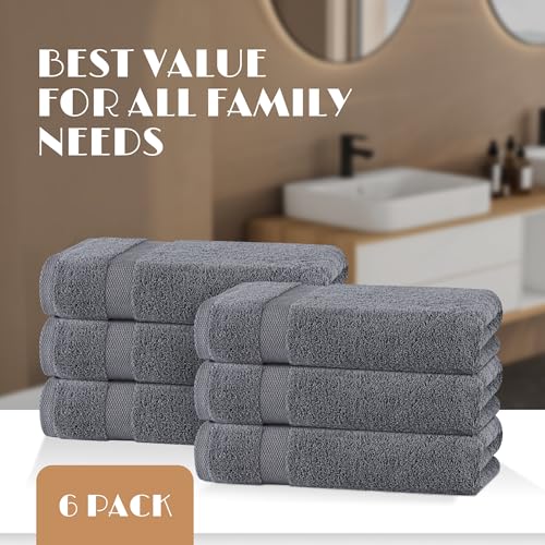 White Classic Wealuxe Grey Towels for Bathroom 6 Pack, Cotton Bath Towel Set for Hotel, Gym, Spa, Soft Extra Absorbent Quick Dry 24x50 Inch - Image 4