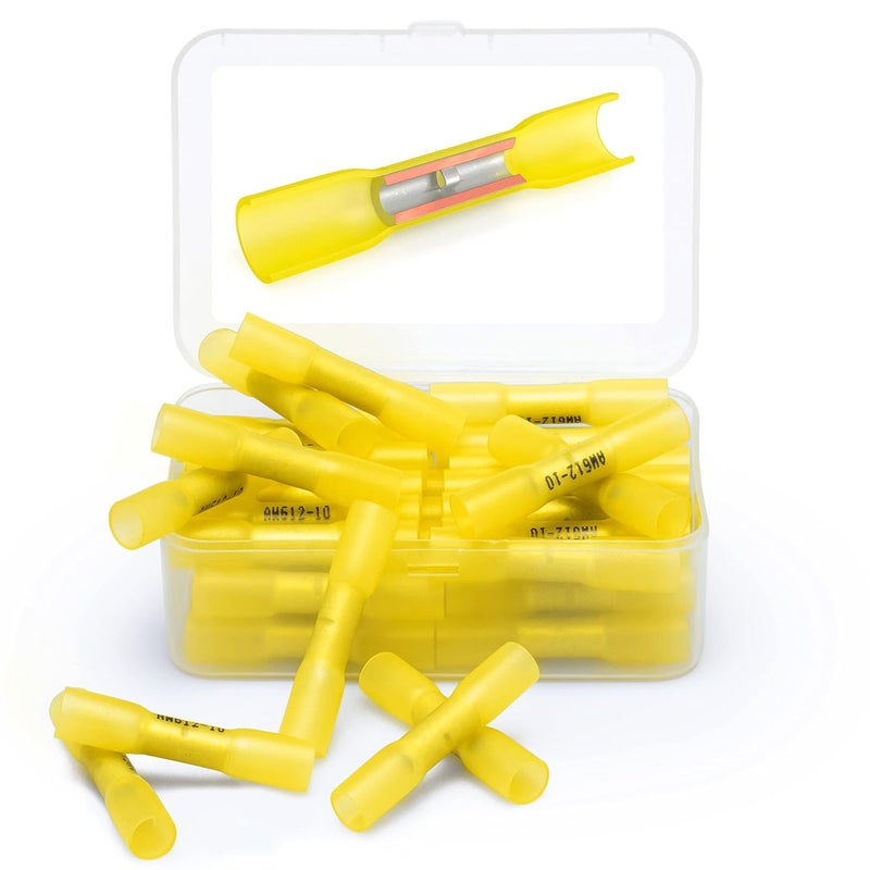 Wirefy 50 PCS Heat Shrink Butt Connectors Yellow 12-10 AWG - Marine Grade Butt Connectors - Wire Butt Splice Connectors - Electrical Waterproof Heat Shrink Butts - Image 1