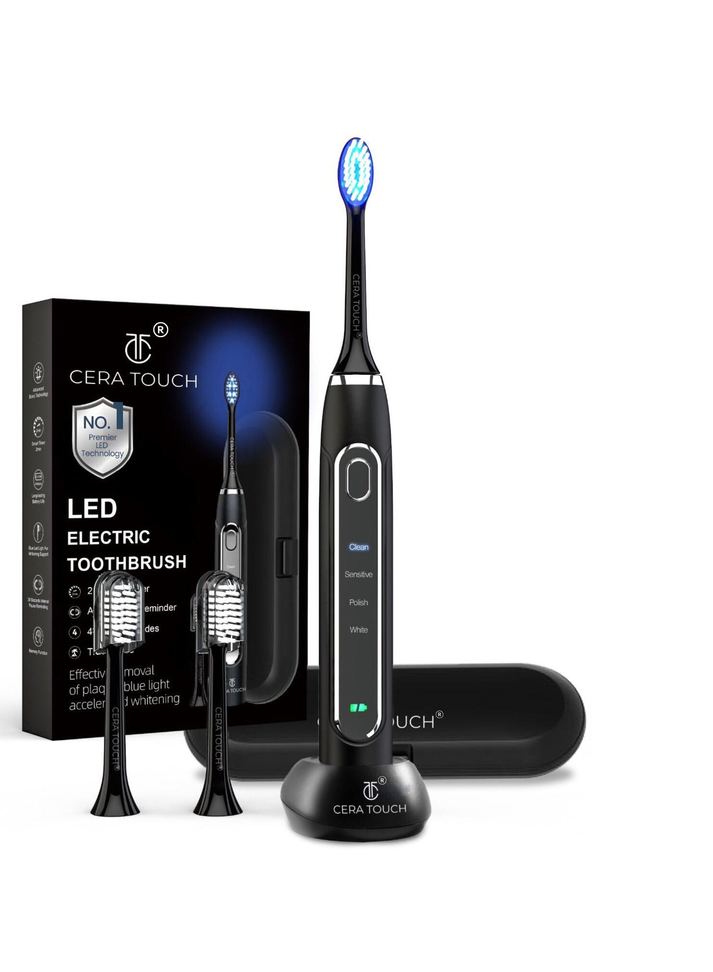 CERA TOUCH 6 Blue LED Whitening Electric Toothbrush | UAE MoIAT-Compliant Quality | 4 Modes, Smart Timer & Memory Function | 2 Heads, Wireless Charging| IPX7 Waterproof | Travel Case | 1-Year Warranty