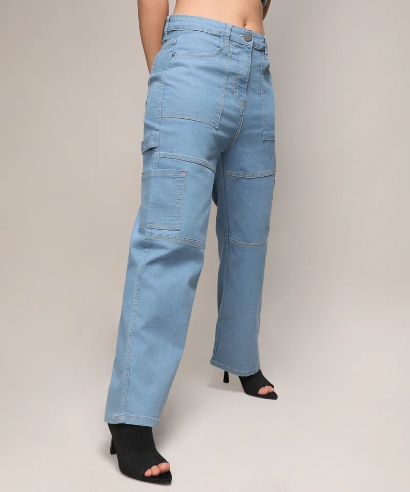 كامبوس سوترا Women's Light Blue Straight Fit Cargo Denim Jeans