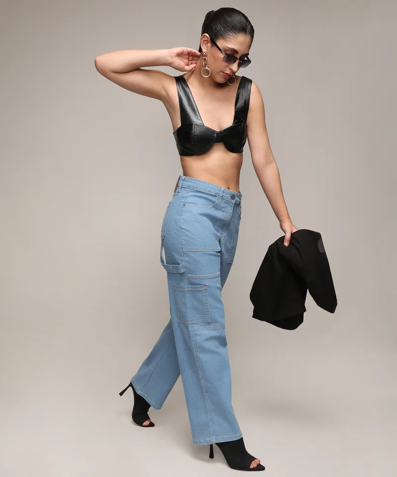 كامبوس سوترا Women's Light Blue Straight Fit Cargo Denim Jeans