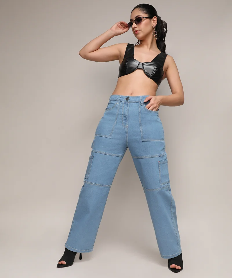 كامبوس سوترا Women's Light Blue Straight Fit Cargo Denim Jeans