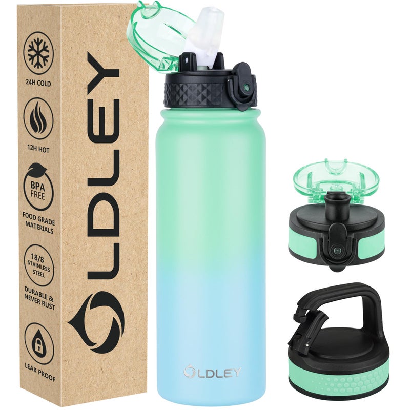 Oldley Insulated Water Bottle 20oz Water Bottles with Straw Stainless Steel Water Bottle with 3 Lids Double Wall Vacuum Bottles for Adult Kids Sports Bottles for School Travel Leaf GreenBlue