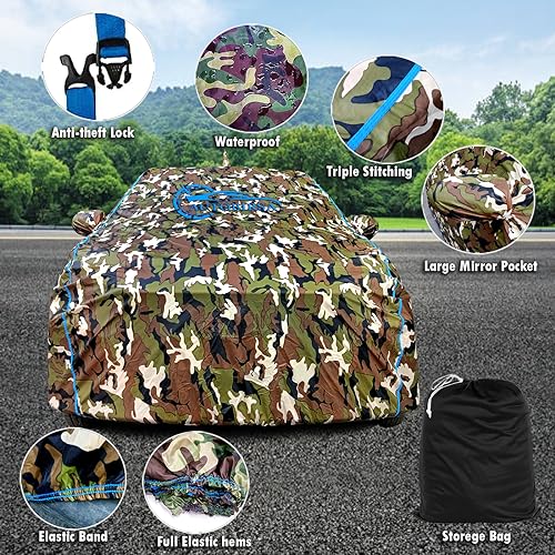 AUTOBIRSA Waterproof Car Body Cover Compatible with Maruti Suzuki Brezza Zxi Mirror Pocket and Antenna Pocket, Triple Stitched (Jungle Print with Blue Piping Design) - Image 4