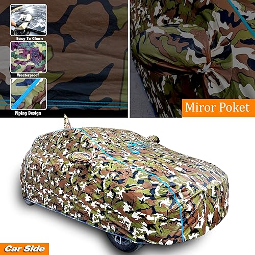 AUTOBIRSA Waterproof Car Body Cover Compatible with Maruti Suzuki Brezza Zxi Mirror Pocket and Antenna Pocket, Triple Stitched (Jungle Print with Blue Piping Design) - Image 5