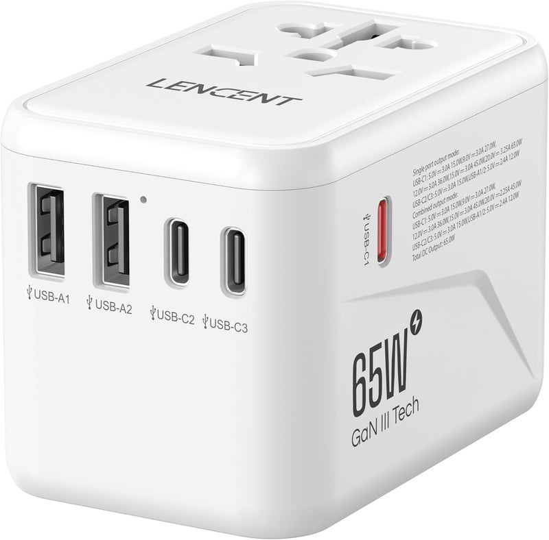 Lencent Universal Travel Adapter, GaN III 65W International Charger with 2 USB Ports & 3 Type-C PD Fast Charging, Worldwide Wall Adaptor for iPhone,Galaxy,Laptops, Type A/C/G/I (USA/UK/EU/AUS), White - Image 1