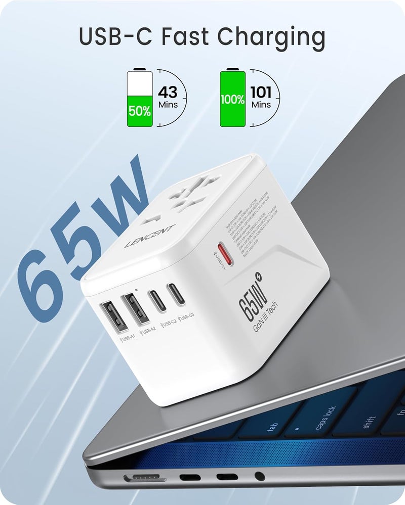 Lencent Universal Travel Adapter, GaN III 65W International Charger with 2 USB Ports & 3 Type-C PD Fast Charging, Worldwide Wall Adaptor for iPhone,Galaxy,Laptops, Type A/C/G/I (USA/UK/EU/AUS), White - Image 3