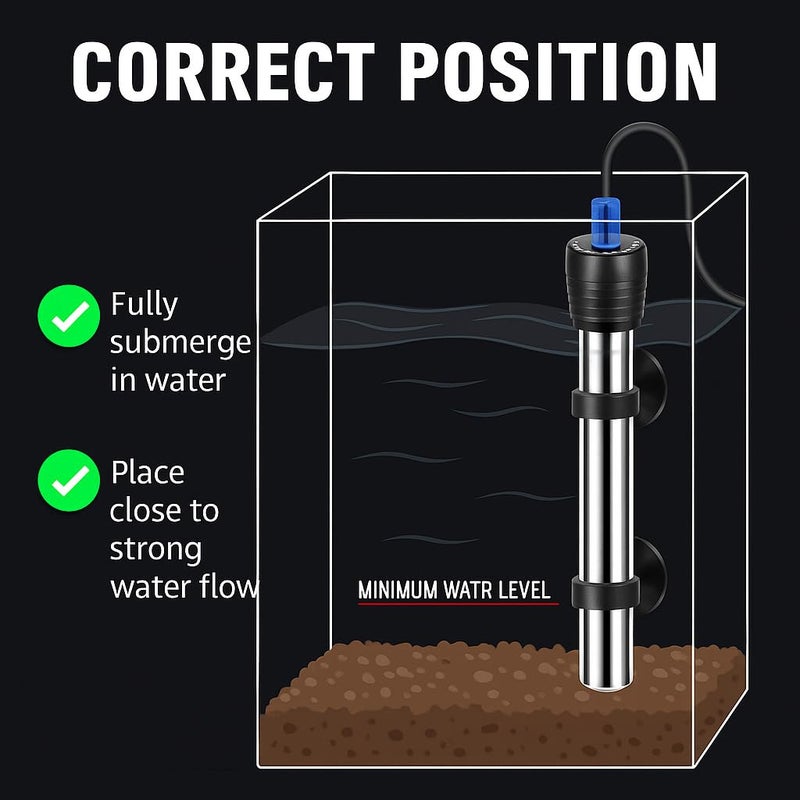 VAYINATO سخان حوض السمك من الفولاذ المقاوم للصدأ (100 واط) – فولاذ مقاوم للصدأ 304، تحكم في درجة الحرارة قابل للتعديل، سخان آمن للغمر للمياه العذبة والمالحة - Image 4
