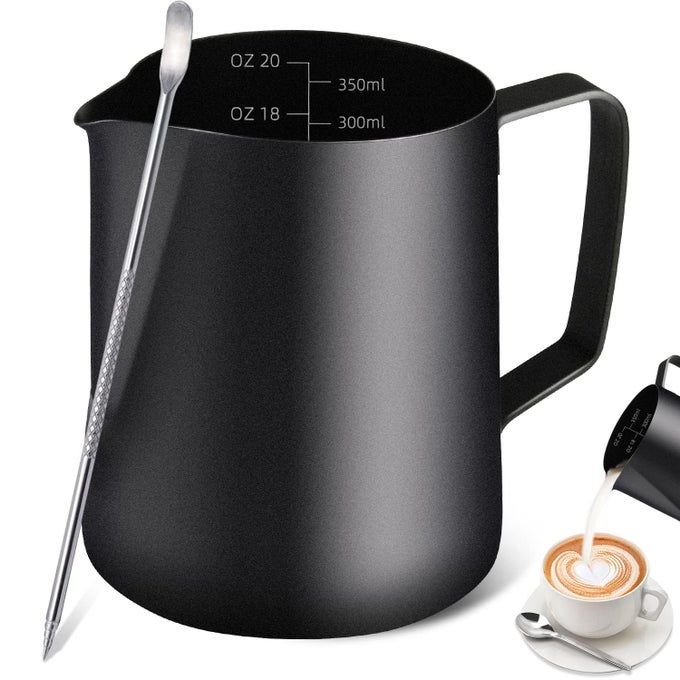 MILK FROTHING PITCHER 12OZ350ML STAINLESS STEEL ESPRESSO STEAMING PITCHER COFFEE MILK FROTHER CUP WITH DECORATING ART PEN FOR ESPRESSO MACHINE MILK FROTHER LATTE ART BLACK
