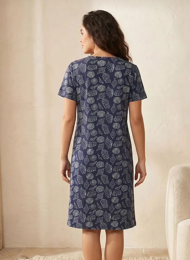 Splash FAV  Knee Length Night Dress Short Sleeves with Seashell Print Cotton for Women | Best Price UAE