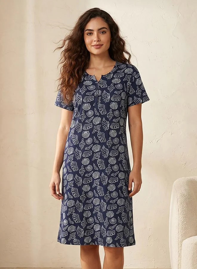 Knee Length Night Dress Short Sleeves with Seashell Print Cotton