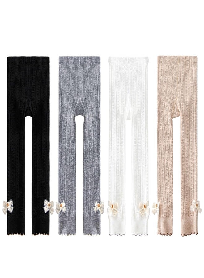 Looching 4 Pack Toddler Baby Cable Knit Ankle Leggings with Bows Soft Cotton Pants Winter Footless Tights Stocking for Girls - Image 1