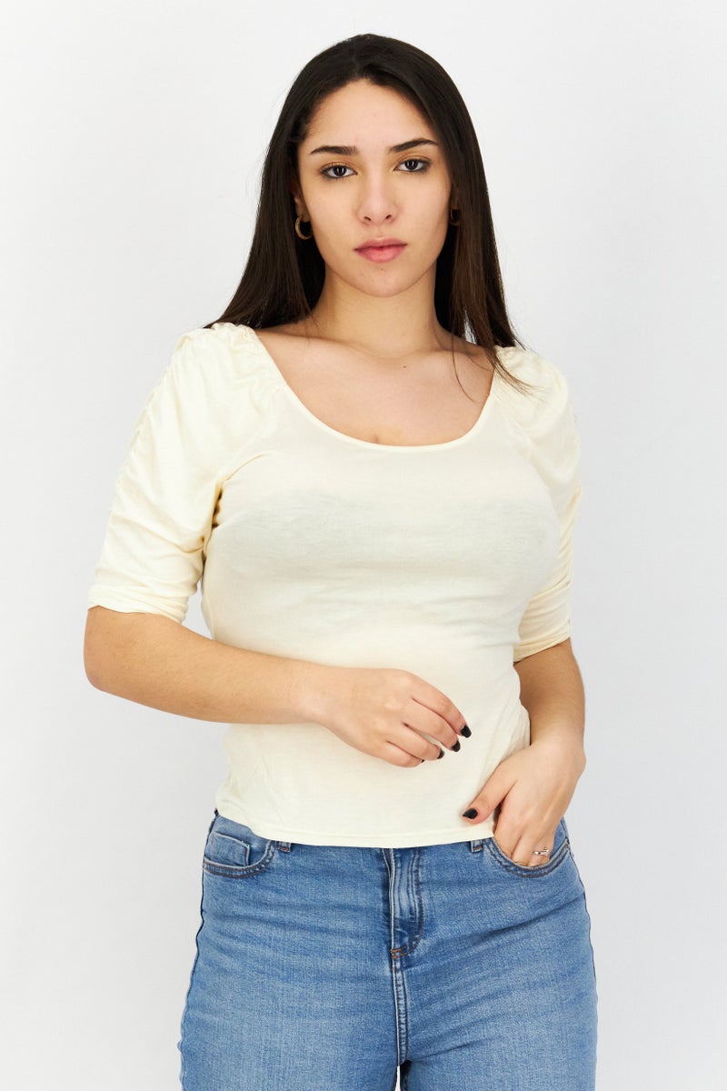 KENDALL + KYLIE Women Scoop Neck Short Sleeves Plain Blouse, Light Yellow - Image 1