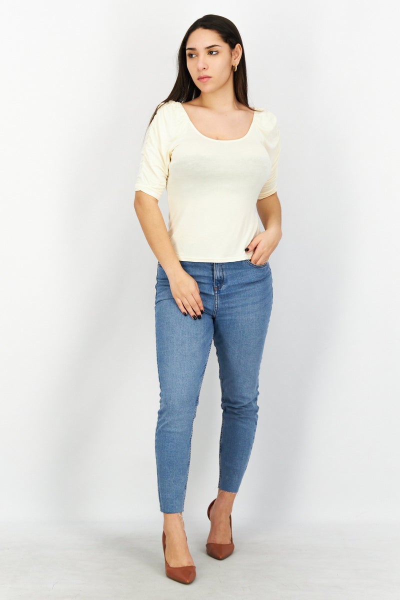 KENDALL + KYLIE Women Scoop Neck Short Sleeves Plain Blouse, Light Yellow - Image 3