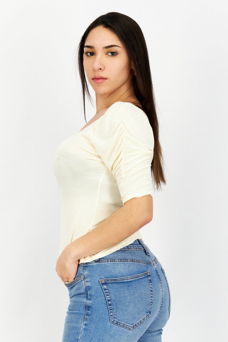 KENDALL + KYLIE Women Scoop Neck Short Sleeves Plain Blouse, Light Yellow - Image 4