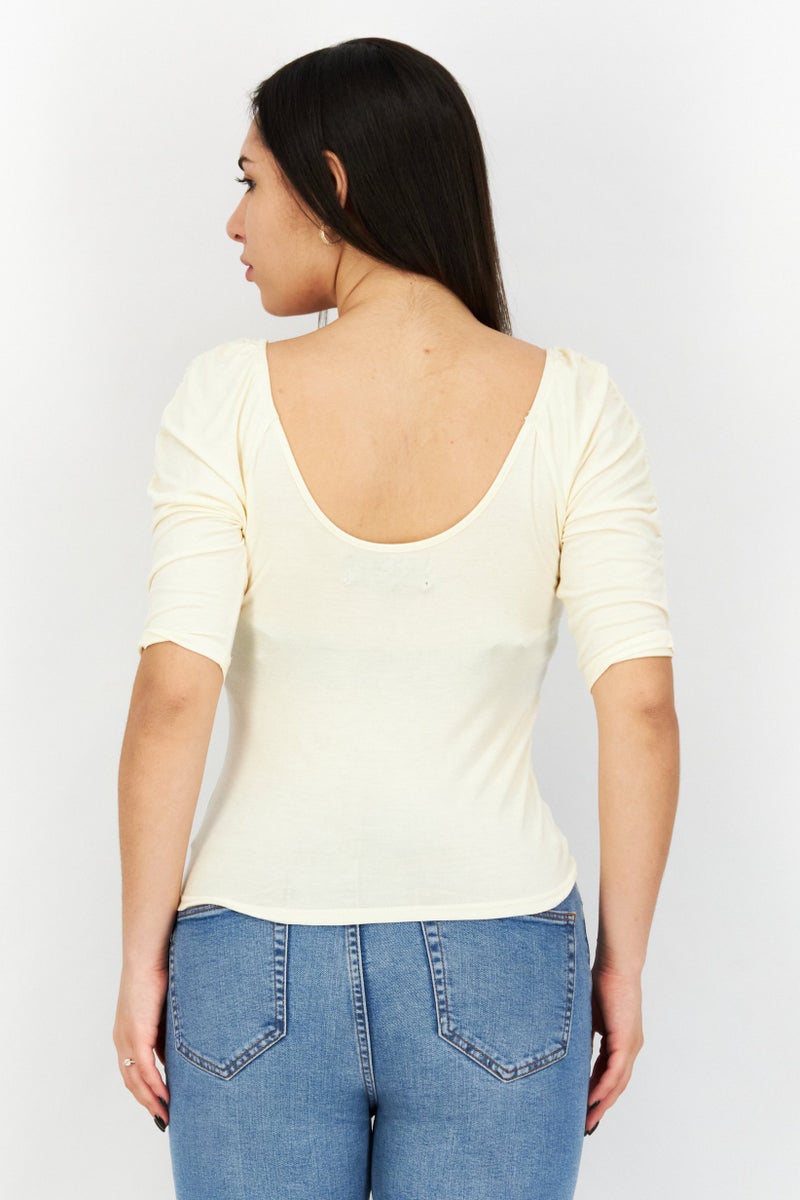 KENDALL + KYLIE Women Scoop Neck Short Sleeves Plain Blouse, Light Yellow - Image 2