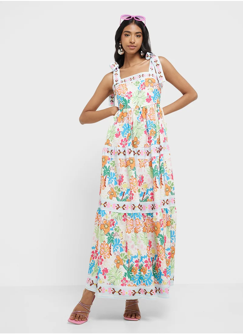 جينجر Tropical Print A Line Sun Dress