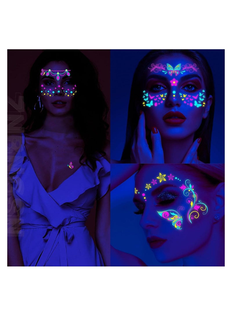 Excefore Glow In The Dark Tattoos for Adults, 8 Sheets Blacklight UV Neon Glow Temporary Tattoos Makeup Butterfly Tattoos Stickers for Glow In The Dark Party Supplies  - Image 4