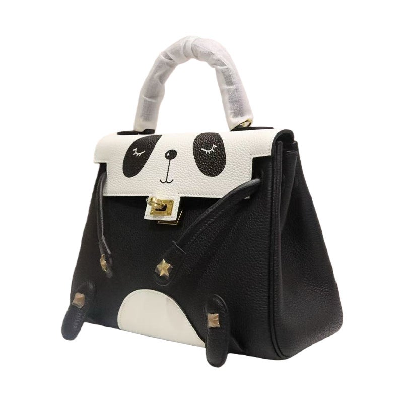 New Kelly 25 Cute Panda Print Shoulder Bag in Black and White Togo Calf Leather - Image 4