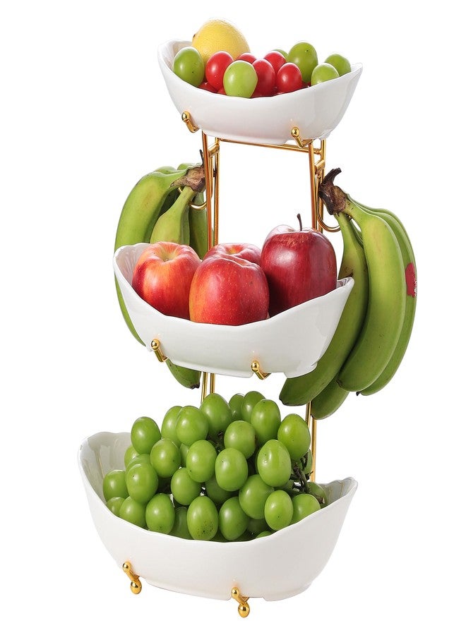 Leijosya Elegant 3-Tier Ceramic Serving Bowl Set with Gold Stand, White Decorative Display Bowls for Fruits, Desserts, Appetizers - Image 1