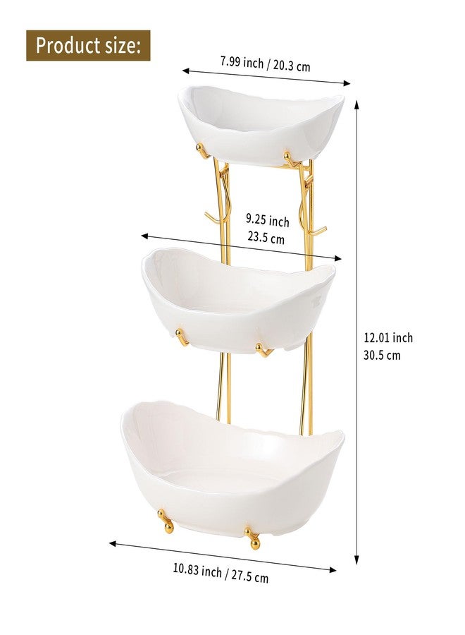 Leijosya Elegant 3-Tier Ceramic Serving Bowl Set with Gold Stand, White Decorative Display Bowls for Fruits, Desserts, Appetizers - Image 2