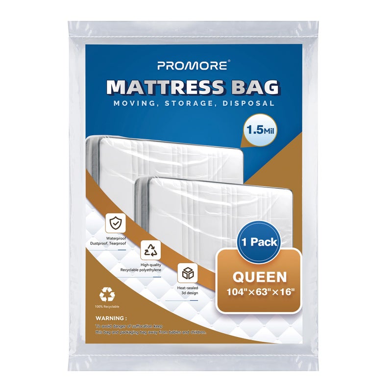 PROMORE Plastic Mattress Bag for Disposal Moving and Storage, Waterproof Mattress Protector Covers - Queen Size (1.5Mil) - Image 1