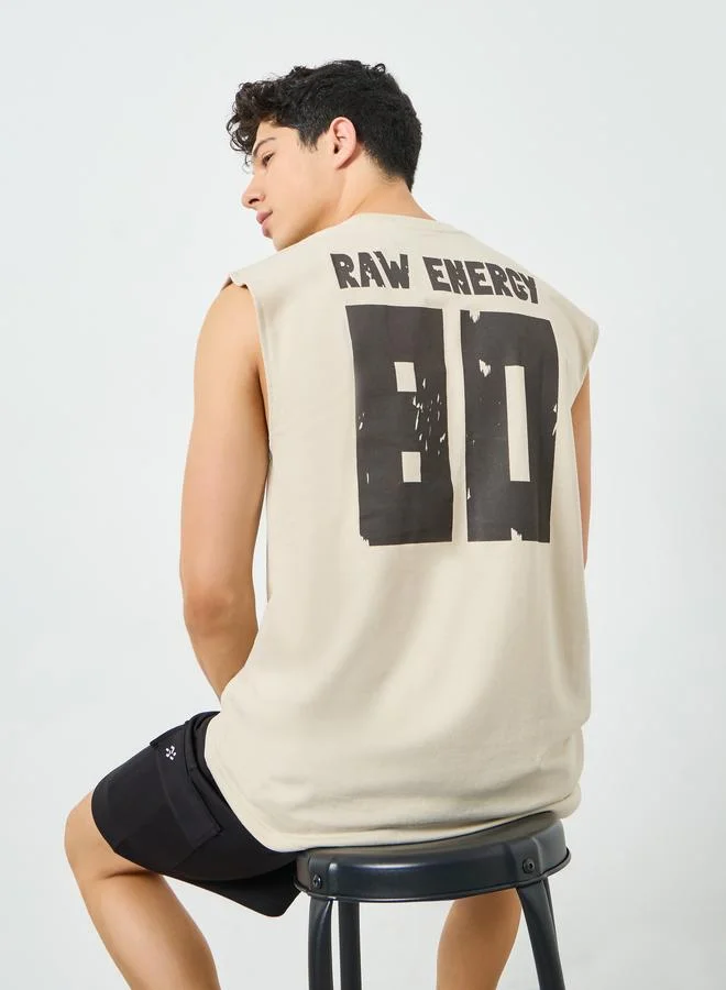 Styli Men Beige Graphic Print Oversized Tank