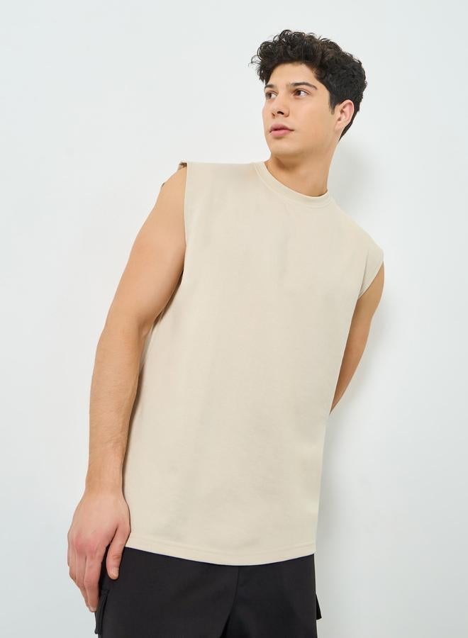 Styli Men Beige Graphic Print Oversized Tank - Image 1