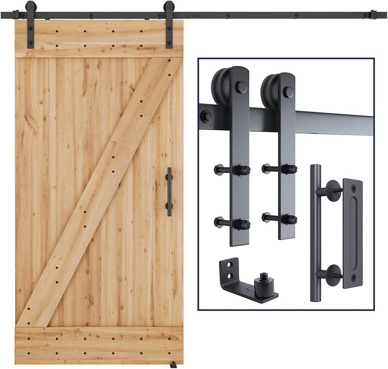 SMARTSTANDARD 8 FT Heavy Duty Sturdy Sliding Barn Door Hardware Kit, Black, (Whole Set Includes 1x Pull Handle Set & 1x Floor Guide) Fit 42"-48" Wide Door Panel (I Shape Hanger) - Image 1
