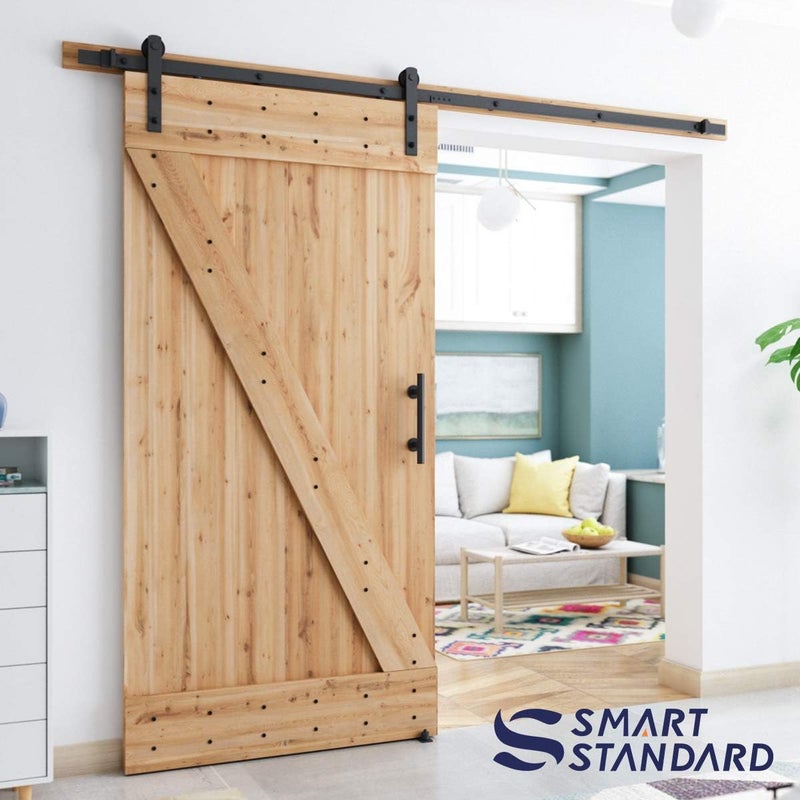 SMARTSTANDARD 8 FT Heavy Duty Sturdy Sliding Barn Door Hardware Kit, Black, (Whole Set Includes 1x Pull Handle Set & 1x Floor Guide) Fit 42"-48" Wide Door Panel (I Shape Hanger) - Image 2