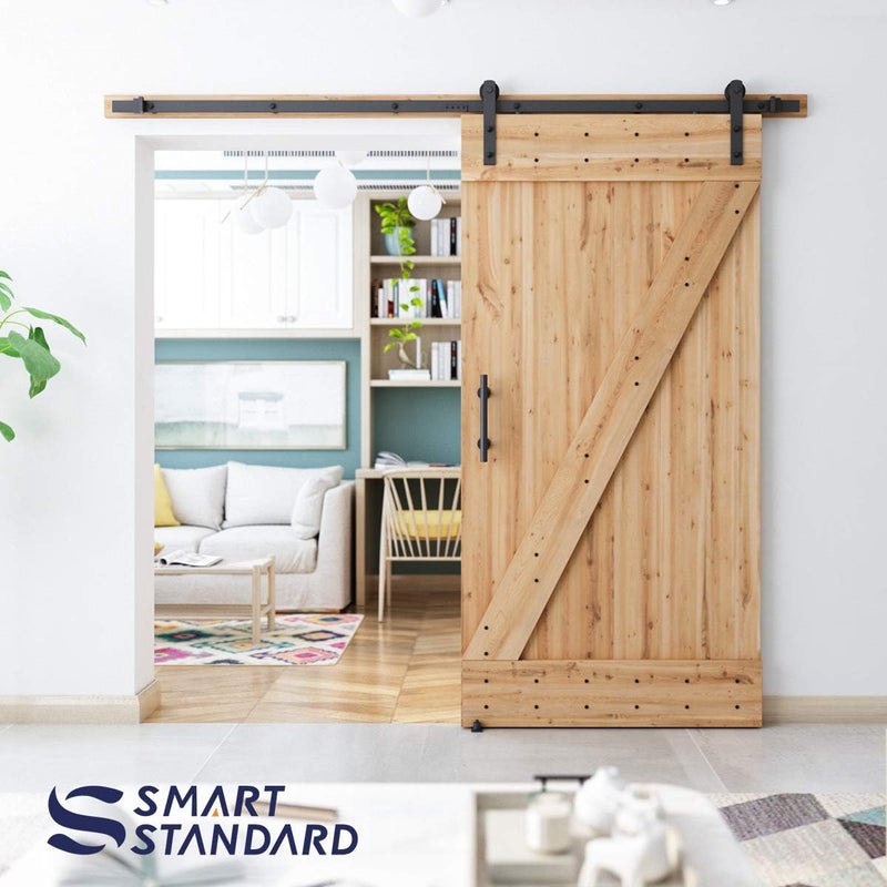 SMARTSTANDARD 8 FT Heavy Duty Sturdy Sliding Barn Door Hardware Kit, Black, (Whole Set Includes 1x Pull Handle Set & 1x Floor Guide) Fit 42"-48" Wide Door Panel (I Shape Hanger) - Image 5