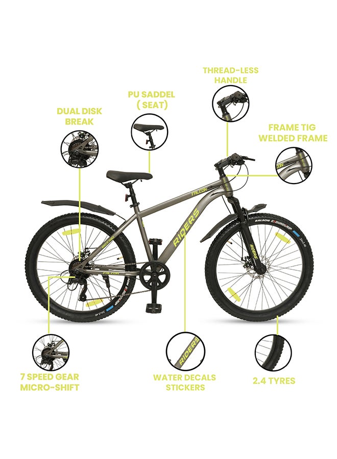 Riders Falcon 26T Mountain Bicycle for Men & Women | 7-Speed Gear System, Front Suspension & Dual Disc Brakes | Strong Steel Frame with Inner Cable Routing, Nylon Tyres & Multi-Terrain Performance | City & Off-Road Cycle | Green - Image 4