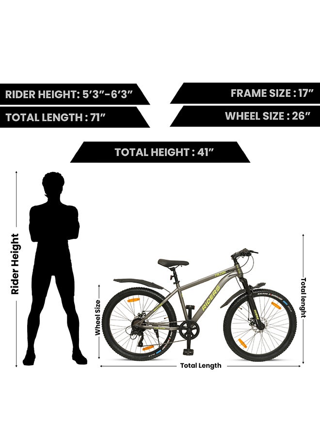 Riders Falcon 26T Mountain Bicycle for Men & Women | 7-Speed Gear System, Front Suspension & Dual Disc Brakes | Strong Steel Frame with Inner Cable Routing, Nylon Tyres & Multi-Terrain Performance | City & Off-Road Cycle | Green - Image 3