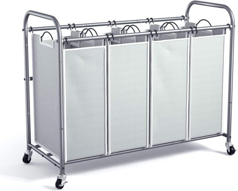 ROMOON 4 Section Heavy Duty Laundry Sorter Separated Laundry Hamper Cart with Wheels and Removable Bags Rolling Laundry Basket Organizer for Dirty Clothes Storage in Laundry Room Grey