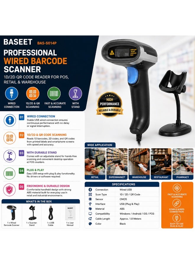 BASEET BAS-S014P Industrial Wired Barcode Scanner with High-Speed CMOS Engine for Retail POS, Warehouse Inventory & Logistics Operations - Image 3