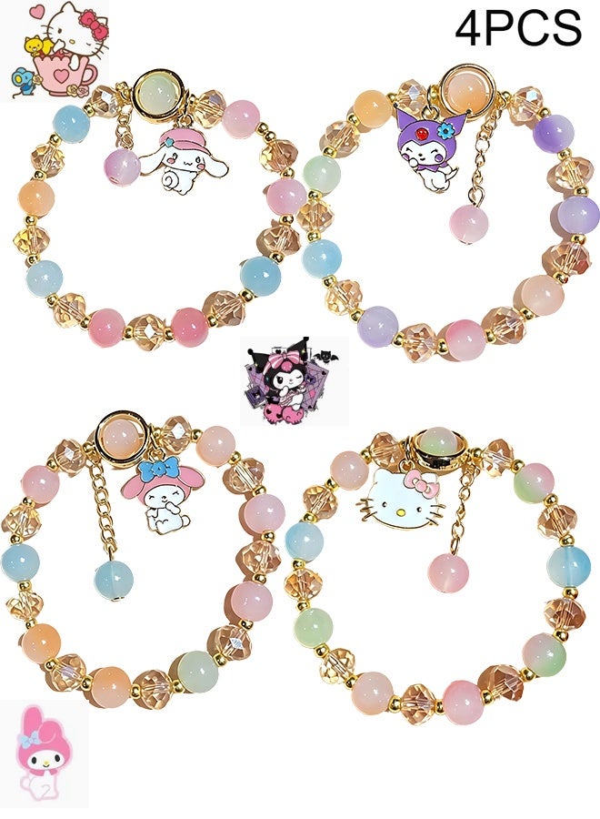 Sanrio 4 Pieces Crystal Bracelets Cartoon Pendant Kawaii Sanrio Pearl Cute Cartoon Elastic Beaded Bracelets Cartoon Themed Pendant Bracelets Gift for Teen Girls Kids - Image 1