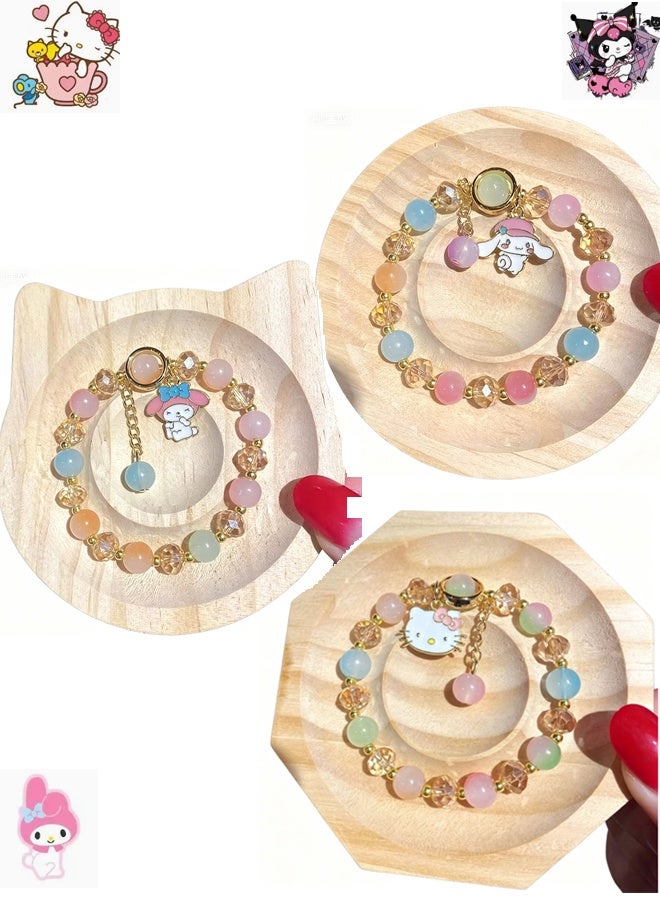 Sanrio 4 Pieces Crystal Bracelets Cartoon Pendant Kawaii Sanrio Pearl Cute Cartoon Elastic Beaded Bracelets Cartoon Themed Pendant Bracelets Gift for Teen Girls Kids - Image 2