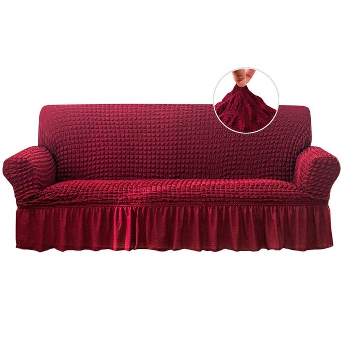 STRETCH SOFA SLIPCOVER SOFA COVERS WASHABLE COUCH SOFA BED COVER EASY FIT FURNITURE PROTECTOR WITH ELASTIC BOTTOM AND SKIRT BURGUNDY EXTRA LARGE