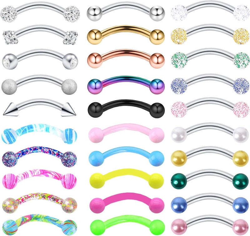 EVELICAL 20-48Pcs 16G Eyebrow Piercing Rook Curved Barbell Kit Eyebrow Tragus Lip Rings for Women Men 8-10mm - Image 1