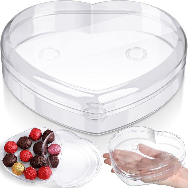 LOYIM 1 Pcs Valentine's Heart Shaped Plastic Container, 5.9" W x 1.6" H Clear Plastic Storage Box with Lid and Anti Slip Ring Heart Dessert Plates Snack Tray for Valentine Party Favor - Image 1