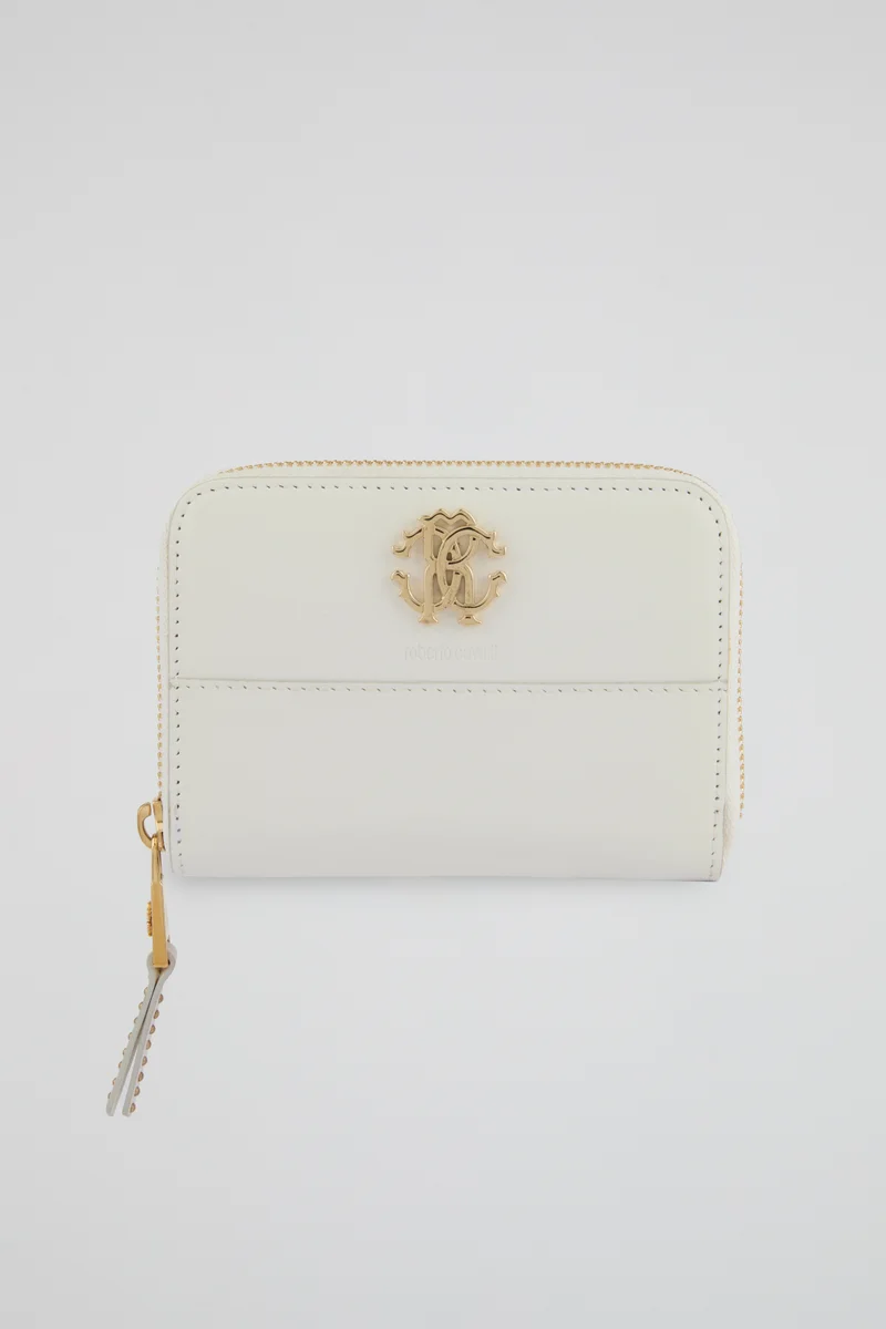 روبرتو كافالي Roberto Cavalli White Zip-Around Wallet with Gold-Tone Logo