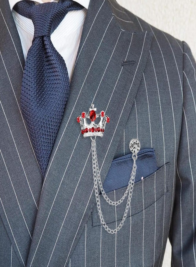 Shuxy شوكسي 2 قطع دبوس رجالي تاج سلسلة معلقة دبوس بتفاصيل حجر أحمر مع نقش دبوس معدني كريستالي بدلة دبوس دبوس ياقة عتيق مزين بالأحجار الكريمة دبوس صدر زفاف دبوس، ذهبي وفضي - Image 3